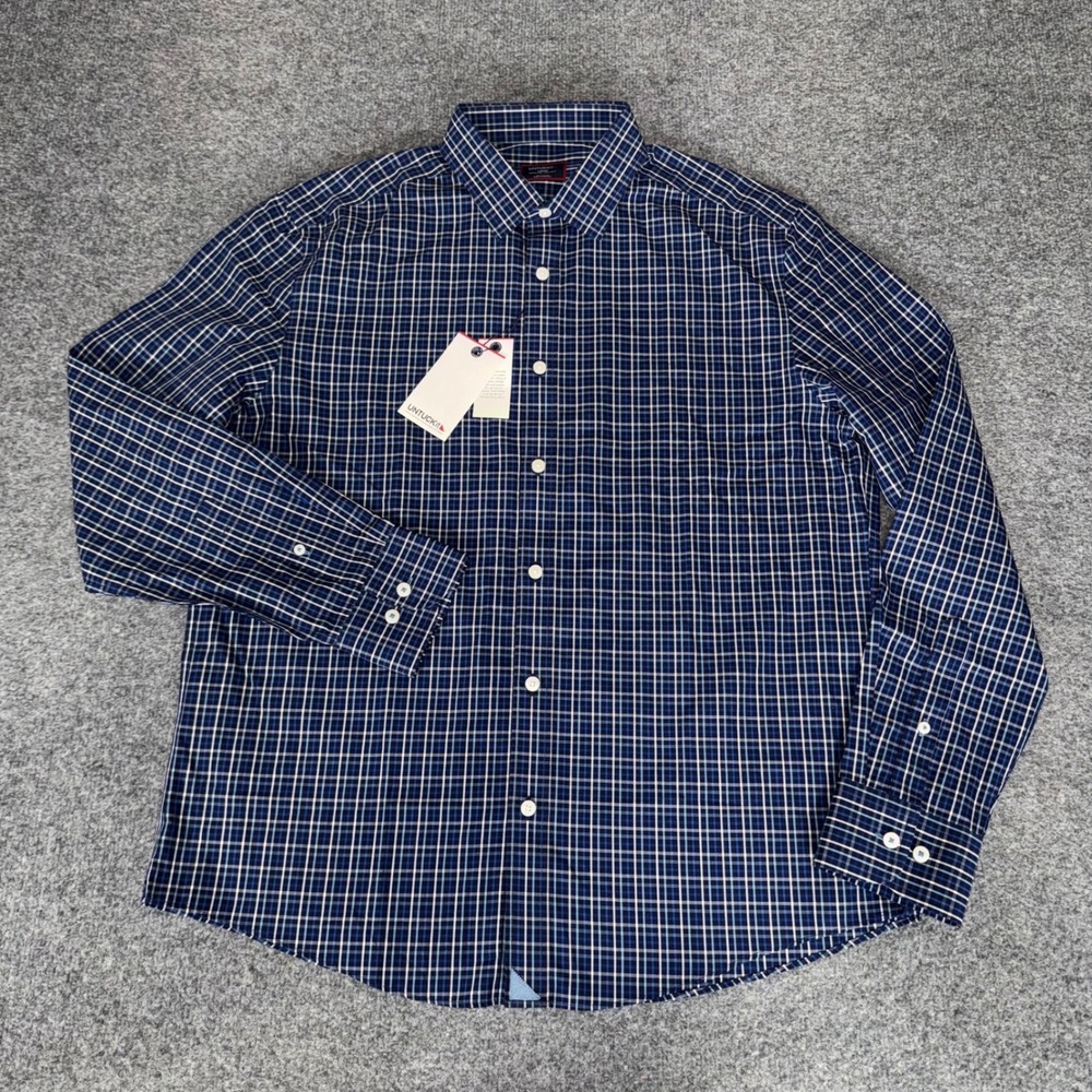 UNTUCKit Mens Large Wrinkle Free Navy Plaid Button Up Long Sleeve Shirt NWT